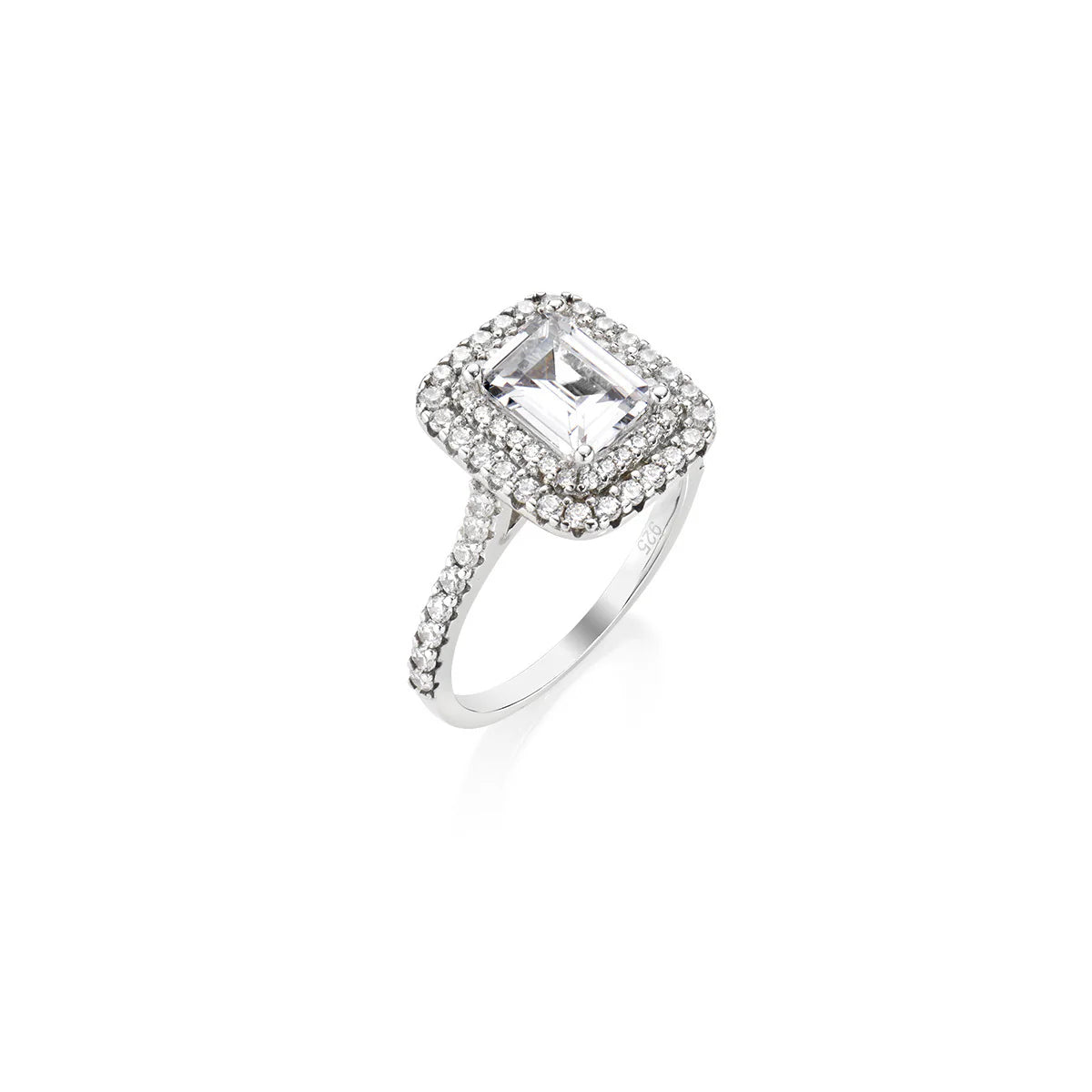 Amen Anello con Zircone Taglio Smeraldo e Doppio Halo