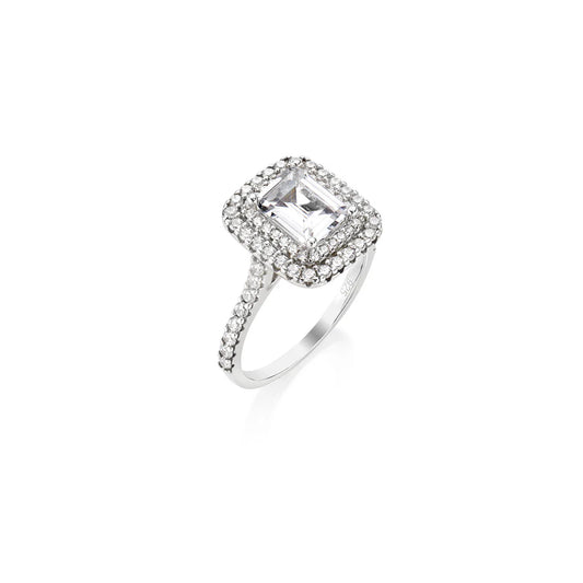 Amen Anello con Zircone Taglio Smeraldo e Doppio Halo